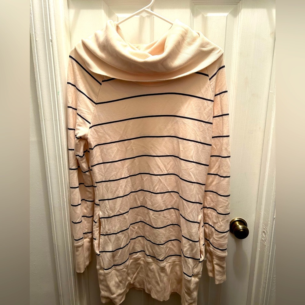 Striped sweater dress with dramatic cowl neck, pockets! Size S